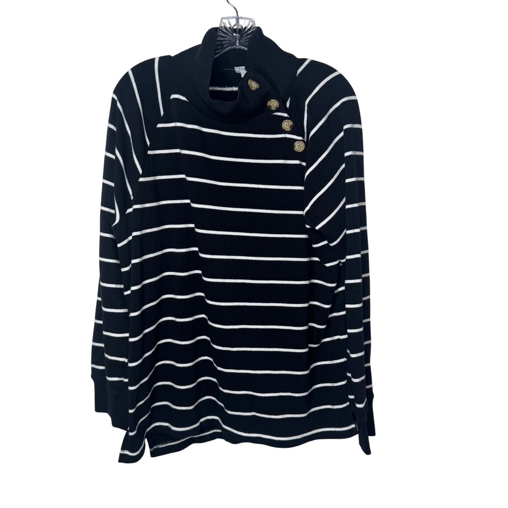 J Crew Black White Stripe Funnel Neck Button‎ Sweater Top Women's Size L